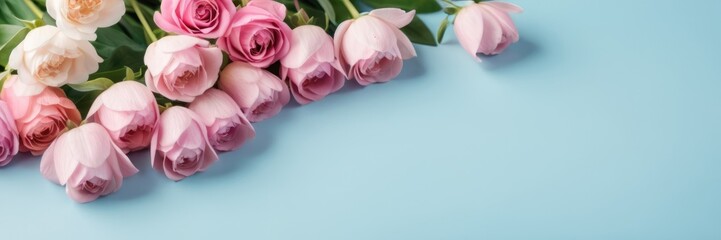 festive banner roses flowers pink color with space for text at blue background.Valentine's Day, Birthday, Happy Women's Day, Mother's Day concept.