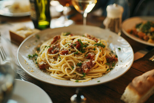 Close-Up Delicious Spaghetti Carbonara Served On A Plate In Food Restaurant Interior, Spaghetti Carbonara Food Photography, Food Menu Style Photo Image