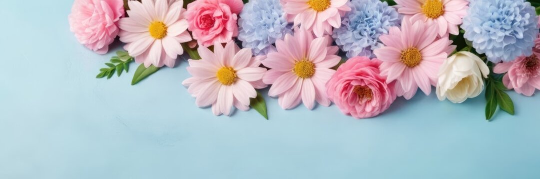 Festive banner spring flowers pink,blue and white color with space for text at blue background.Valentine's Day, Birthday, Happy Women's Day, Mother's Day concept.