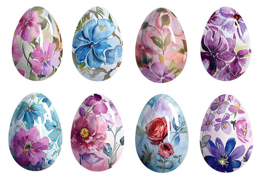 watercolor floral easter eggs clipart set isolated on white background