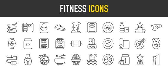 Fototapeta na wymiar Fitness outline icon set. Vector icons illustration collection