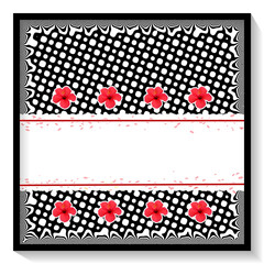 Karta okolicznościowa w biało, czarno, czerwonej kolorystyce z miejscem na tekst, życzenia, z dekoracyjnymi czerwonymi kwiatami i deseniem z białych kropek na czarnym tle w czarnej ramce