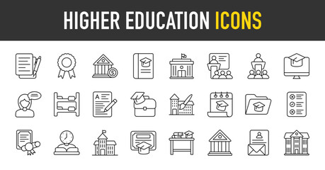 Fototapeta na wymiar Higher Education outline icon set. Vector icons illustration collection