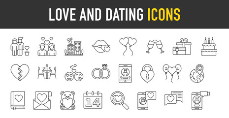 Fototapeta na wymiar Love and Dating outline icon set. Vector icons illustration collection