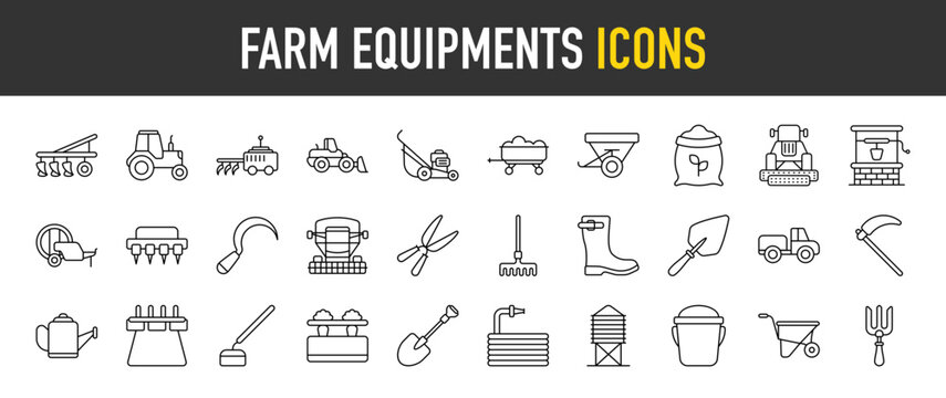 Farm Equipments outline icon set. Vector icons illustration collection