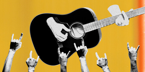 Black and white photo of man playing acoustic guitar in front of an audience on yellow background. Rock live concert, Rock and roll festival season. Music, retro and vintage concept. Creative design