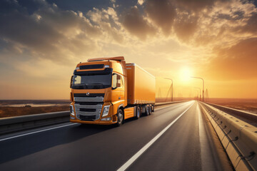 The golden hour gleams over a solitary transportation truck on a highway, a testament to the unstoppable force of AI Generative logistics.