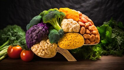 Human brain made of variety of colorful vegetables, concept of vegetarian, vegan, healthy nutrition