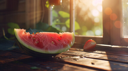 a slice of juicy watermelon, dripping with red and pink hues, resting on a rustic wooden table - obrazy, fototapety, plakaty
