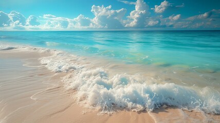 a description of a serene beach with white sand and clear blue water, degree offset method, photo grade, AI Generative