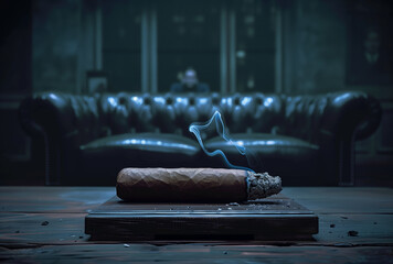 Cigar Connoisseur's Paradise: A cigar on a wooden ashtray. A burning, smoking cigar in a dark, smoky smoking lounge in Havana, Cuba. - obrazy, fototapety, plakaty