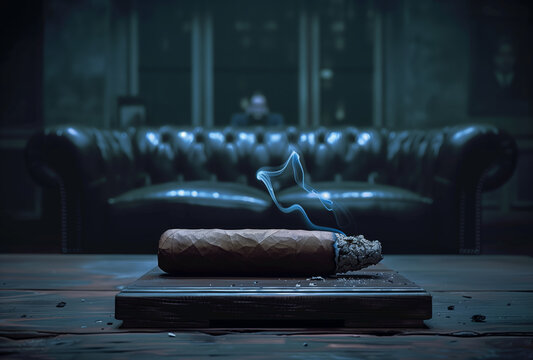 Cigar Connoisseur's Paradise: A cigar on a wooden ashtray. A burning, smoking cigar in a dark, smoky smoking lounge in Havana, Cuba.