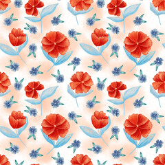 Floral watercolor seamless pattern on a peach fuzz background.Hand drawn wallpaper design