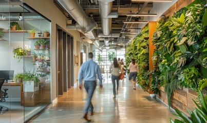 Employees bustle around the green office, demonstrating the startup's commitment to protecting the environment and employee health