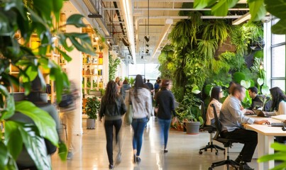 Obraz premium Employees bustle around the green office, demonstrating the startup's commitment to protecting the environment and employee health