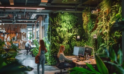 Working in a green office with rushing employees and a modern startup that complies with ESG...