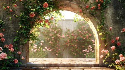a stone archway frame adorned with roses and spring floral arrangements, evoking a sense of timeless charm and natural splendor. - obrazy, fototapety, plakaty
