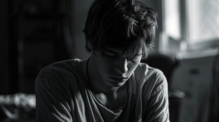 A sad teenager is sitting in a room,in monochrome style - obrazy, fototapety, plakaty