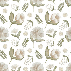 Floral watercolor seamless pattern on a white background. Hand drawn print design