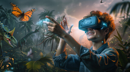 The guy put on a virtual reality helmet and immersed himself in a prehistoric world with dinosaurs...