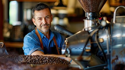 a small business owner operates his coffee roastery shop with precision and passion, dressed in a...