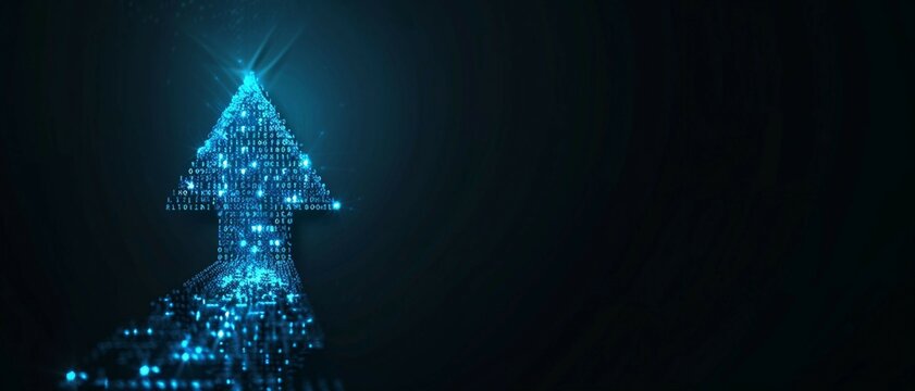 digital arrow pointing upwards shaped by vibrant blue matrix binary code. with pixelated motifs emerging from behind .
