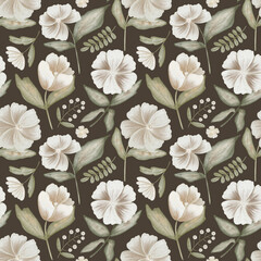 Watercolor floral seamless pattern on a brown background. Hand drawn wallpaper, print design.