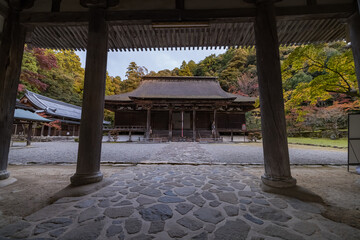 日本　滋賀県犬上郡甲良町にある西明寺の二天門から見える本堂と紅葉