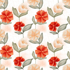 Seamless pattern with flowers in trend peach color on a white background. Hand drawn watercolor print design. 