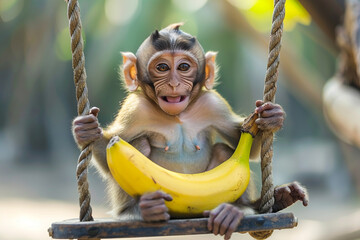 Monkey with banana on a swing in the park - obrazy, fototapety, plakaty