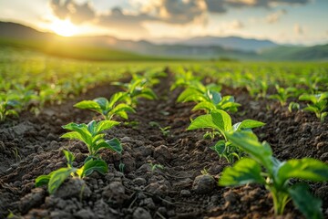 Fresh green plants sprouting from fertile soil with sunrise in the background, symbolizing new life and growth