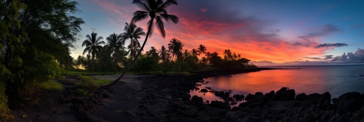 Obraz premium Panoramic view of a tranquil sunset, showcasing the serene and picturesque beach scenery