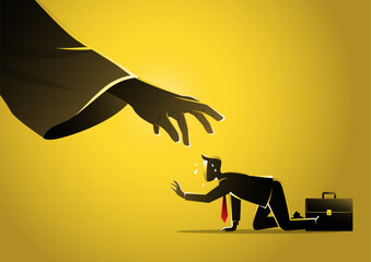 A businessman crawling and a hand reaching him vector illustration