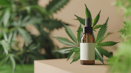 A dropper bottle with a blank white label, and green cannabis leaves, suggesting the inclusion of CBD or cannabis extracts. Mockup for cannabis-based products