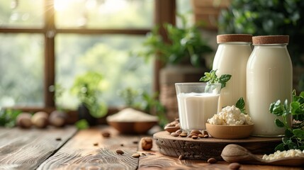 A warm, inviting scene of milk and dairy products on a rustic wooden table, illuminated by natural light from a window - 758016678