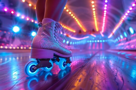A dazzling image of a silver glitter roller skate on a neon-lit retro rink floor - Powered by Adobe
