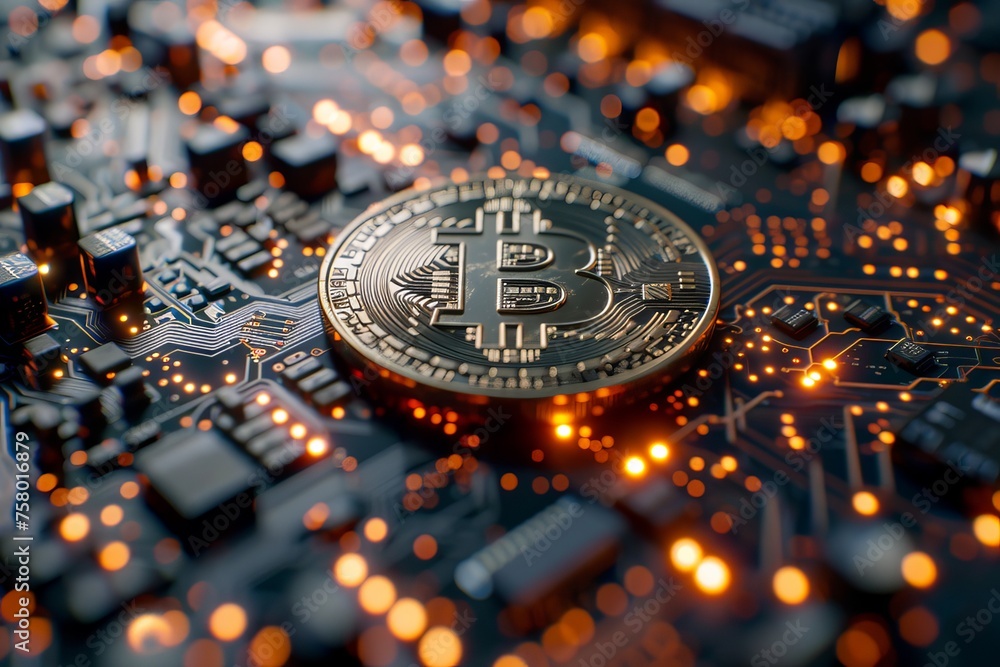 Aufkleber a symbolic representation of a bitcoin on a motherboard highlights the intersecting realms of crypto