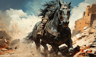 Beautiful dark stallion on an abstract background. - obrazy, fototapety, plakaty