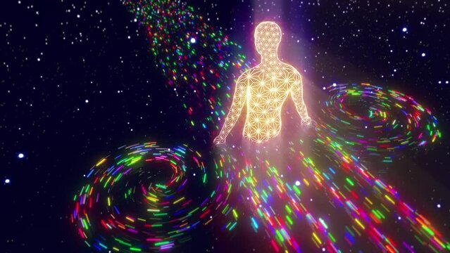 looped 3d animation. An angel is walking through the energies of the cosmos