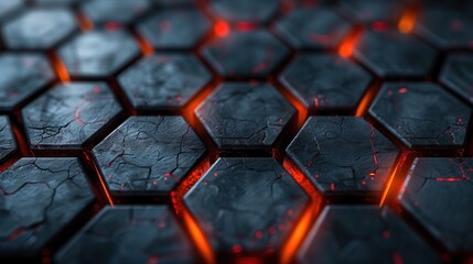 Hexagonal abstract dark metal background with Red lines. Futuristic dark sci-fi hi-tech wallpaper with red lines.