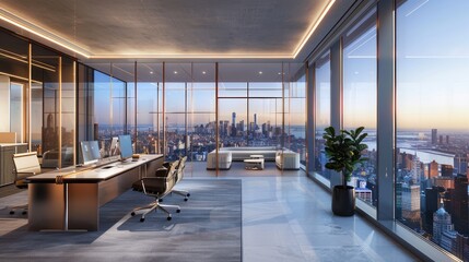 A sleek, modern office space with glass walls, ergonomic furniture, and panoramic views of a bustling cityscape below