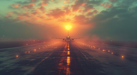 A passenger plane takes off from a runway illuminated by lights in the fog at sunset