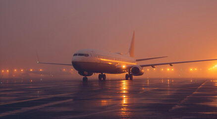 A passenger plane takes off from a runway illuminated by lights in the fog at sunset