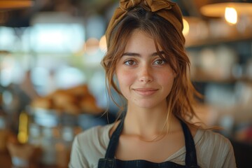 A friendly young waitress in a coffee shop, smiling warmly with a headband and an apron on - obrazy, fototapety, plakaty
