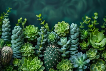 Lush succulents and cacti varieties arranged in a pleasing pattern against a textured dark green background, ideal for plant enthusiasts - obrazy, fototapety, plakaty