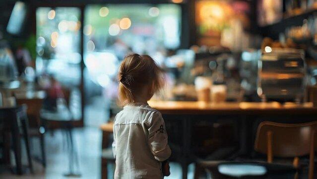 Back view of a little girl standing in a cafe and looking at the lights