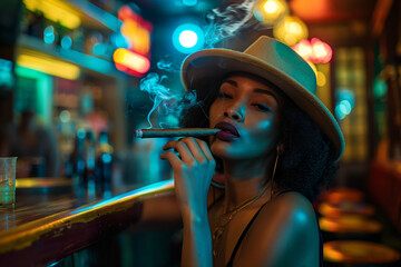Pretty young women smokes a cigar: An exotic young Cuban woman sits at a bar in Havana, Cuba and smokes a Cuban cigar and enjoy the relaxed nightlife in havana - obrazy, fototapety, plakaty