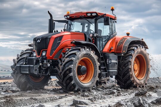 Fototapeta A powerful red tractor with large wheels plowing a field, showcasing the might of modern agriculture machinery