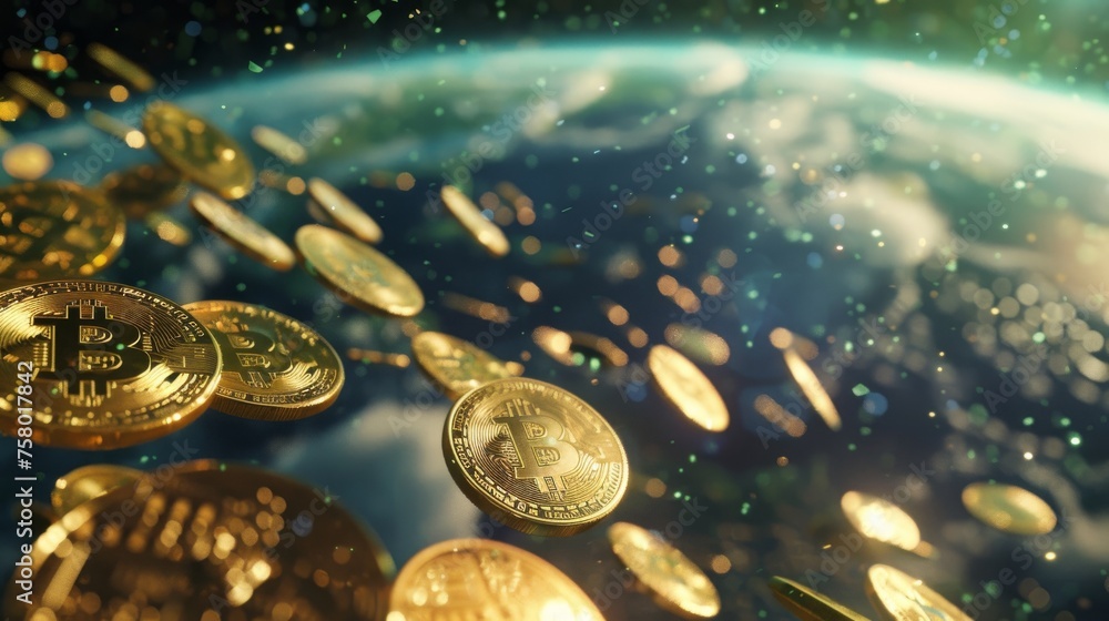 Poster many golden bitcoin coins glimmers with a brightness floating in space
