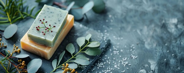 Handmade Natural Soaps with Eucalyptus Decoration, showcasing sustainable beauty and self-care on a muted background - obrazy, fototapety, plakaty